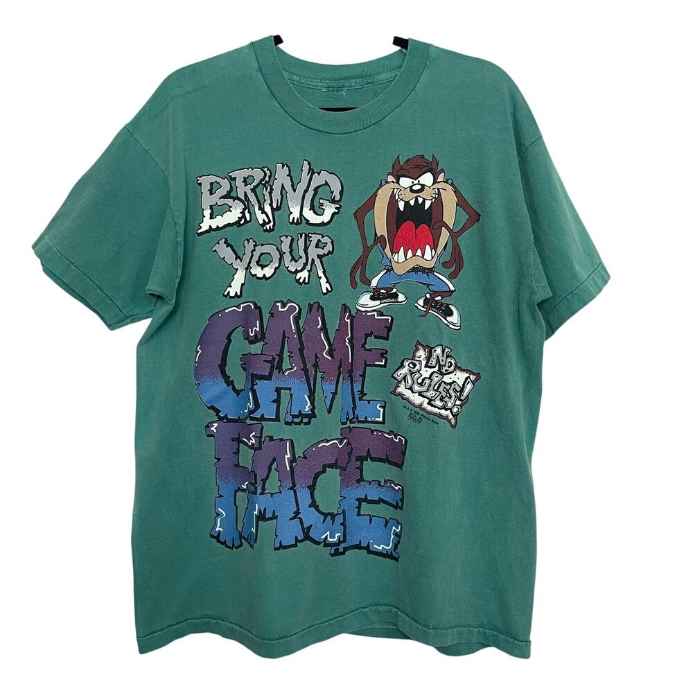 Vintage Taz Looney Tunes Warner Bros 90s Graffiti Blue Green T Shirt M